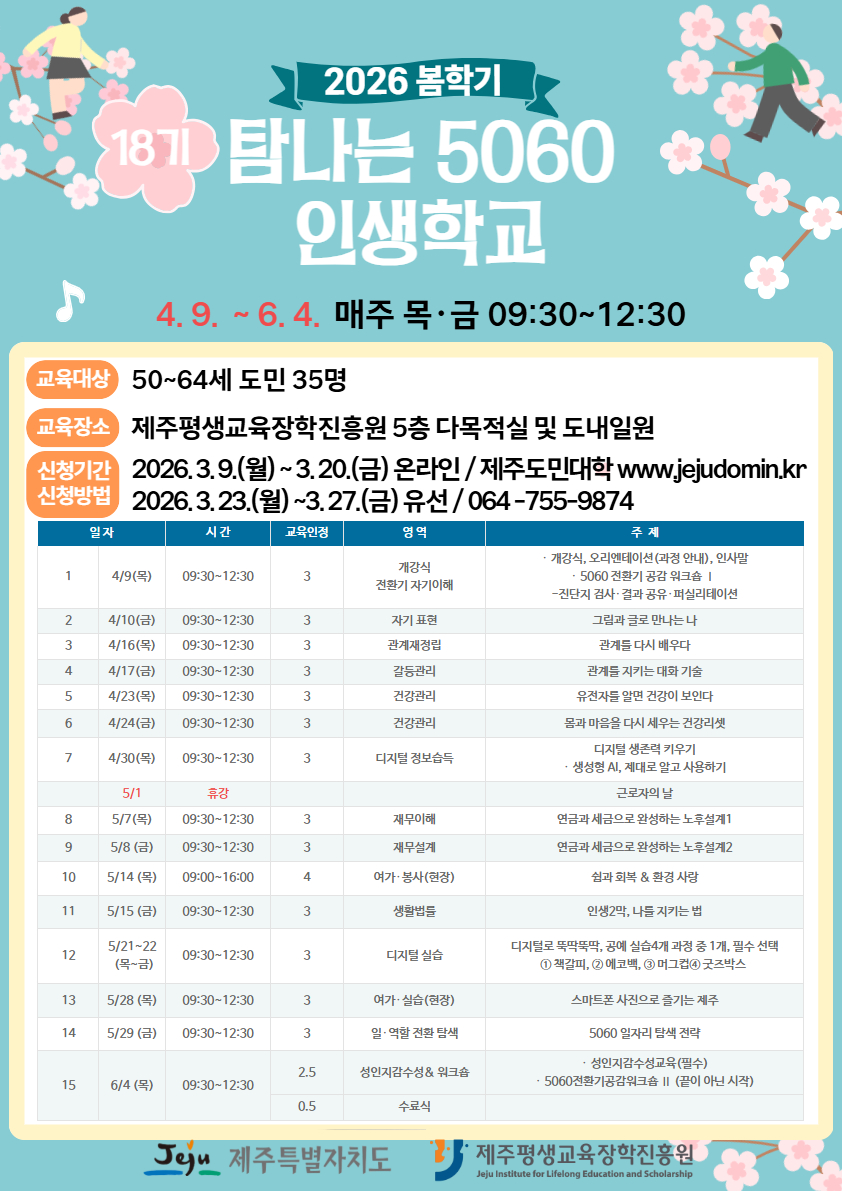 2026년 탐나는 5060인생학교 봄학기(18기) 모집